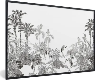 Produktbild von MuchoWow® Gerahmtes Poster Dschungel - Vögel - Schwarz - Weiß 90x60 cm - Poster mit Schwarzem Bilderrahmen Wandposter Rahmen Foto Bilder - Fotorahmen - Foto-Plakat