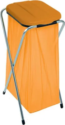 A standalone orange trash bag holder with a silver frame and an orange lid.