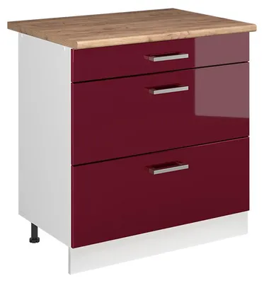 Imagen del producto de Mueble bajo de cocina Vicco R-Line Rojo de alto brillo/Blanco 80 cm con 3 cajones encimera Roble dorado, Model 72353