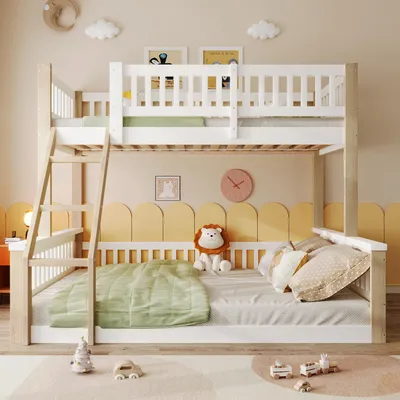 Immagine prodotto di letto a castello okwish 90/140x200 struttura letto in varie misure, letto per ragazzi con sponde di sicurezza rialzate, letto per ragazzi con robusta sponda, senza materasso, bianco+natura