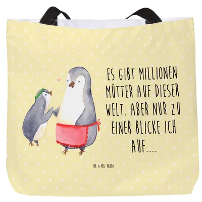 Produktbild von Mr. & Mrs. Panda Tote Bag Pinguin mit Kind - Gelb Pastell - Geschenk, Strandtasche, Schultasche, Muttertag, Tasche, Vorbild Mama, Mom, Bruder, Familie, Laptoptasche