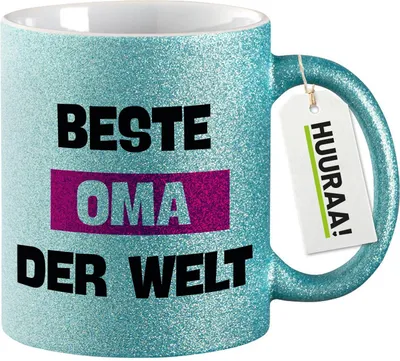 Produktbild von Huuraa Glitzertasse Beste Oma der Welt 330ml Blau Keramik Kaffeebecher Geschenkidee