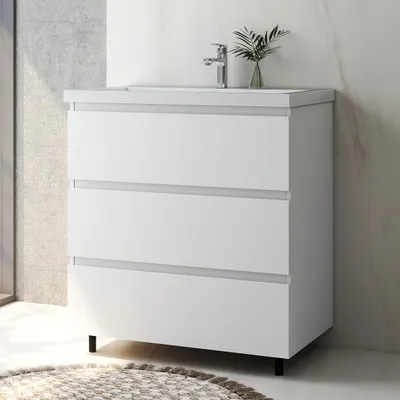 Produktbild von Badmöbel Set 80 cm Alast Weiß Rechteckiges Waschbecken mit Unterschrank Hängeschrank mit Schrankfüße Softclose