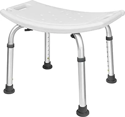 A white shower stool with adjustable aluminum legs on a white background.