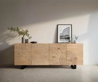 Produktbild von DELIFE Sideboard Ashara 200 cm Eiche Natur 3D Effekt 4 Türen Kufe Metall Schwarz