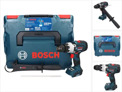 A collage of images showing a Bosch cordless impact drill driver and its case, along with close-up views of the drill.