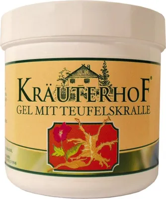 A white tub of Kräuterhof Gel mit Teufelskralle on a white background.