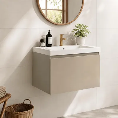 Produktbild von LOMAZOO Badezimmermöbel Greige 60cm - Weißes Waschbecken - Beige-graues Waschbeckenmöbel - Schwebender Waschbeckenunterschrank [MODENA]