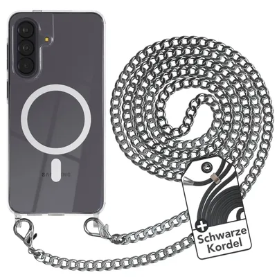 Produktbild von EAZY CASE Handykette kompatibel mit Samsung Galaxy A57 Kette zum Umhängen aus Metall, Silikonhülle mit Band, stoßfest, mit MagSafe in Silber