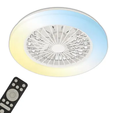 Image de Briloner LED Plafonnier avec ventilateur, 5 vitesses, couleur de lumière réglable, blanc, dimensions : Ø48,5 x 14,5 cm