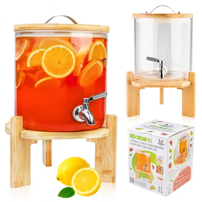 Zdjęcie produktu dla SuperButelki - Szklany słój z kranikiem 5 l, drewniany stelaż i pokrywa, na przyjęcia, spotkania, grill, solidny bambusowy stojak, funkcjonalny