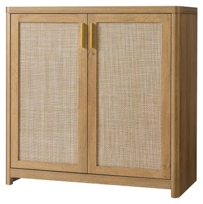 Produktbild von VASAGLE Küchenschrank im Boho-Stil, Türen Rattan-Optik, Sideboard, verstellbare Ablage, Wohnzimmer, braun