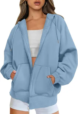 Produktbild von Damen-Sweatjacke mit Reißverschluss und Kapuze, lange Ärmel, Oversize-Passform, mit Fleece-Futter, in Blau