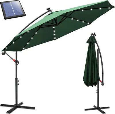 Obrázok produktu pre Izrielar slnečník 3,5 m zelený s LED osvetlením, záhradný slnečník s kľukou, ochrana UV 50+, naklápateľný, stabilný rám, vrátane krížovej základne