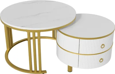 Productafbeelding van Fortuna Lai 2-in-1 salontafel, rond, MDF, bijzettafel met wit marmeren blad, 2 lades, wit