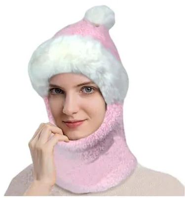 Produktbild von Weibliche Wollmützen mit Plüschbommel, warme Mütze, Mütze, Schal, Wollmütze, Rosa