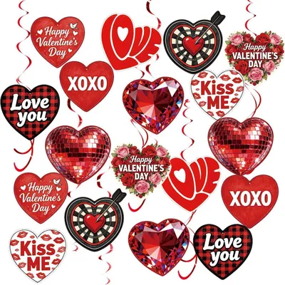 Immagine prodotto di Set di ghirlande a forma di cuore, 48 pezzi, decorazioni romantiche da appendere con motivi a disco a forma di diamante e bersaglio da freccette, nei colori rosso e nero