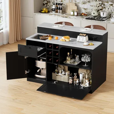 Produktbild von Kücheninsel 2-in-1 Kücheninsel mit Steckdose & USB,Bartisch mit Stauraum Küchentresen mit Stauraum, Bartisch in Marmoroptik mit Schrank, Regal
