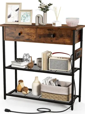 Produktbild von Konsolentisch, Flurtisch mit 2 Schubladen & Steckdosen & 2 Ablagen, Standregal mit stabilem Metallgestell & USB-Anschlüssen, 81 x 30 x 81 cm