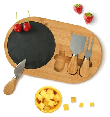 Image de Planche à fromage en bois - Forme elliptique - Planche à fromage avec couteaux à fromage - Assiette de service - Plateau à charcuterie - Parfaite pour les fêtes - Plateau de présentation