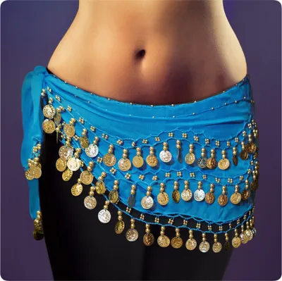 Produktbild von Belly Dance Bauchtanz Hüfttuch Kostüm 128 goldfarbenen Münzen Münzgürtel Fasching Karneval Tanzaufführung Gürtel in hellblau