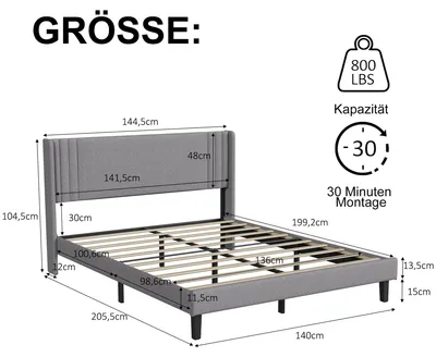 Image de Lit double 140 x 200 cm - Lit rembourré - Tissu en lin - Sommier à lattes en bois - Cadre en métal - Gris