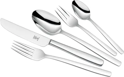 A set of silverware, including a knife, two spoons, and two forks, is arranged on a white background.