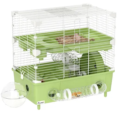 Immagine prodotto di Gabbia per Criceti a 2 Livelli 44,5x28x44 cm 3 Porte con Ruota e Tubi Verde e Bianco