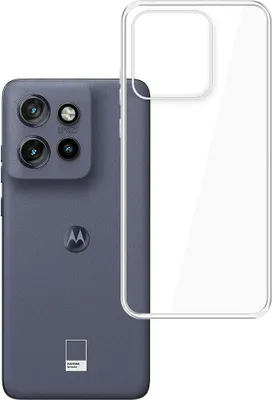 A clear phone case is shown next to a Motorola phone.