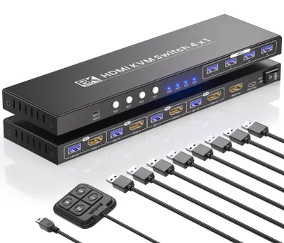 Zdjęcie produktu dla Przełącznik KVM HDMI z 4 portami, obsługujący 4 komputery i 1 monitor, z rozdzielczością 8K przy 60 Hz oraz 4K przy 120 Hz