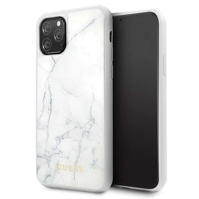 A white marble-patterned phone case with a black phone inside, shown from a slight angle.