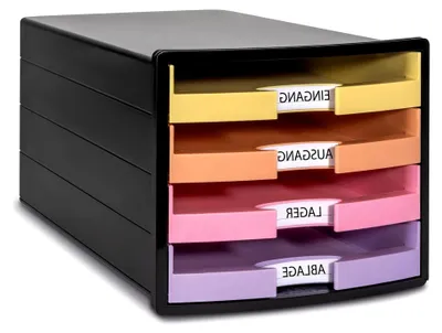 Produktbild von Schubladenbox IMPULS 2.0 mit 4 offenen Schubladen für DIN A4/C4 inkl. Beschriftungsschilder, Auszugsperre, möbelschonende Gummifüße, schwarz/pastell