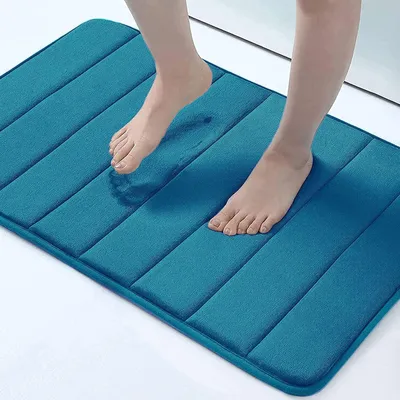 Immagine prodotto di Tappetino da bagno in memory foam, 41 x 61 cm, blu, assorbente, antiscivolo, lavabile in lavatrice