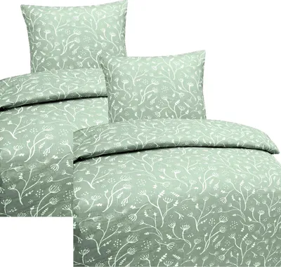 Produktbild von Hochwertige Baumwolle Bettwäsche Blumen Grün Weiß 135x200 80x80cm: 4 tlg.