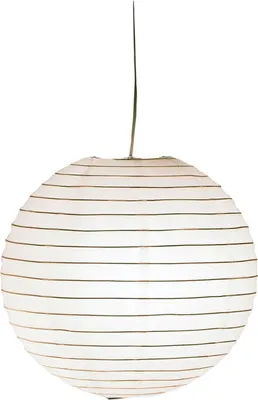 A white paper lantern with horizontal brown stripes, suspended by a thin cord.
