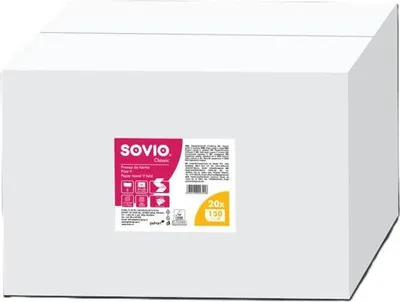 Zdjęcie produktu dla Ręczniki papierowe, białe, 2-warstwowe, składane w V, 150 strzępków, 21 x 23 cm, opakowanie 20 sztuk, SOVIO PP21083