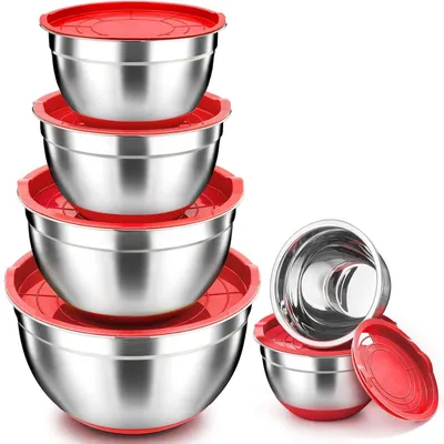 Obrázek produktu pro Sada 6 mísek na mísení z nerezové oceli s víkem, červená, různé velikosti