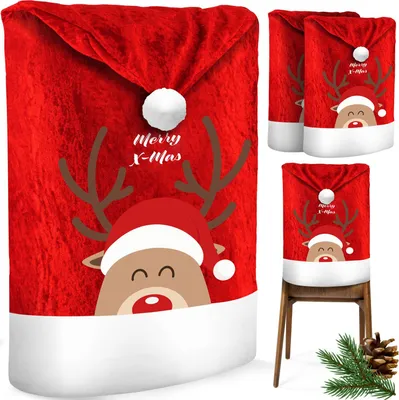 A collage of Christmas-themed chair covers featuring a reindeer design.