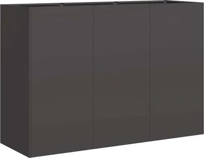 A dark gray planter box with three doors is shown against a white background.