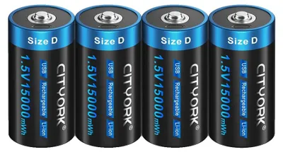 Obrázek produktu pro D-velká nabíjecí baterie, nabíjení přes USB, kapacita 15000 mAh, 4 kusy