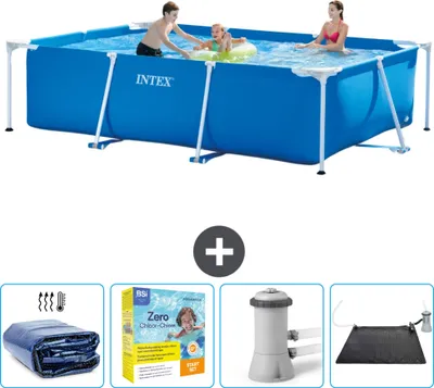 Produktbild von Intex-Schwimmbecken mit rechteckigem Rahmen – 300 x 200 x 75 cm – Blau – im Lieferumfang enthalten Sonnensegel - Wartungspaket - Filterpumpe für Schwimmbad - Solarmatte