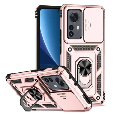 Immagine prodotto di Custodia per Xiaomi 12 Pro a doppio strato con copertura scorrevole della fotocamera e supporto ad anello Rosa