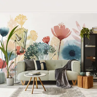 Produktbild von Fototapete Blumen - Vliestapete - Bildtapete UV-beständig Design weiss Aquarell Landhaus Wandtapete geruchsfrei