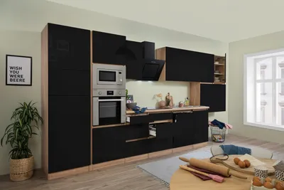 Produktbild von Küche Küchenzeile Küchenblock grifflos Eiche Schwarz Lorena 445 cm Respekta