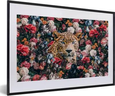 Produktbild von MuchoWow® Gerahmtes Poster Leopard - Blumen - Tiere 60x40 cm - Poster mit Schwarzem Bilderrahmen Wandposter Rahmen Foto Bilder - Schlafzimmer - Plakat in Rahmen - Drucken