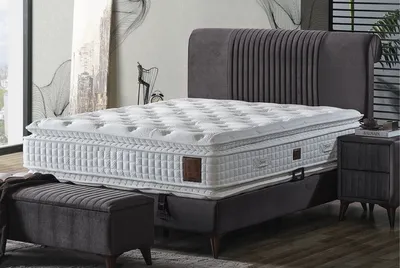 Produktbild von Casa Padrino Luxus Doppelbett Grau / Weiß / Dunkelbraun 180 x 200 cm - Massivholz Bett mit Kopfteil und Matratze - Schlafzimmer Möbel - Hotel Möbel - Luxus Möbel - Luxus Einrichtung