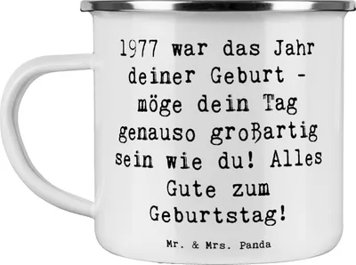 Produktbild von Mr. & Mrs. Panda Emaille Tasse Spruch 1977 Geburtstag - Weiß - Geschenk, Geburtsjahr, Haferl, Becher, Teetasse, Feier, Geburtstagsgeschenk, Happy Birthday, Alter, Pott