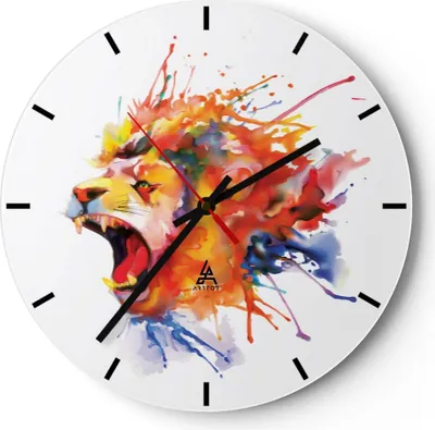 Produktbild von Wanduhr - Rund - Glasuhr - Löwe modern Malerei Tier - 40x40cm - Schleichendes Uhrwerk - Lautlos - zum Aufhängen bereit - Dekoration Modern - Wanddekoration aus Glas - C3AR40x40-2885