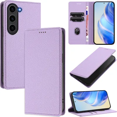 Image de Etui en cuir pour Samsung Galaxy S23+, Litschi cuir, étui portefeuille avec fentes pour cartes et support Violet