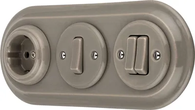 Produktbild von Unterputz Porzellan Retro Steckdose, Schalter, 3-fach, All-in-One, SET Serie PR1 graubeige